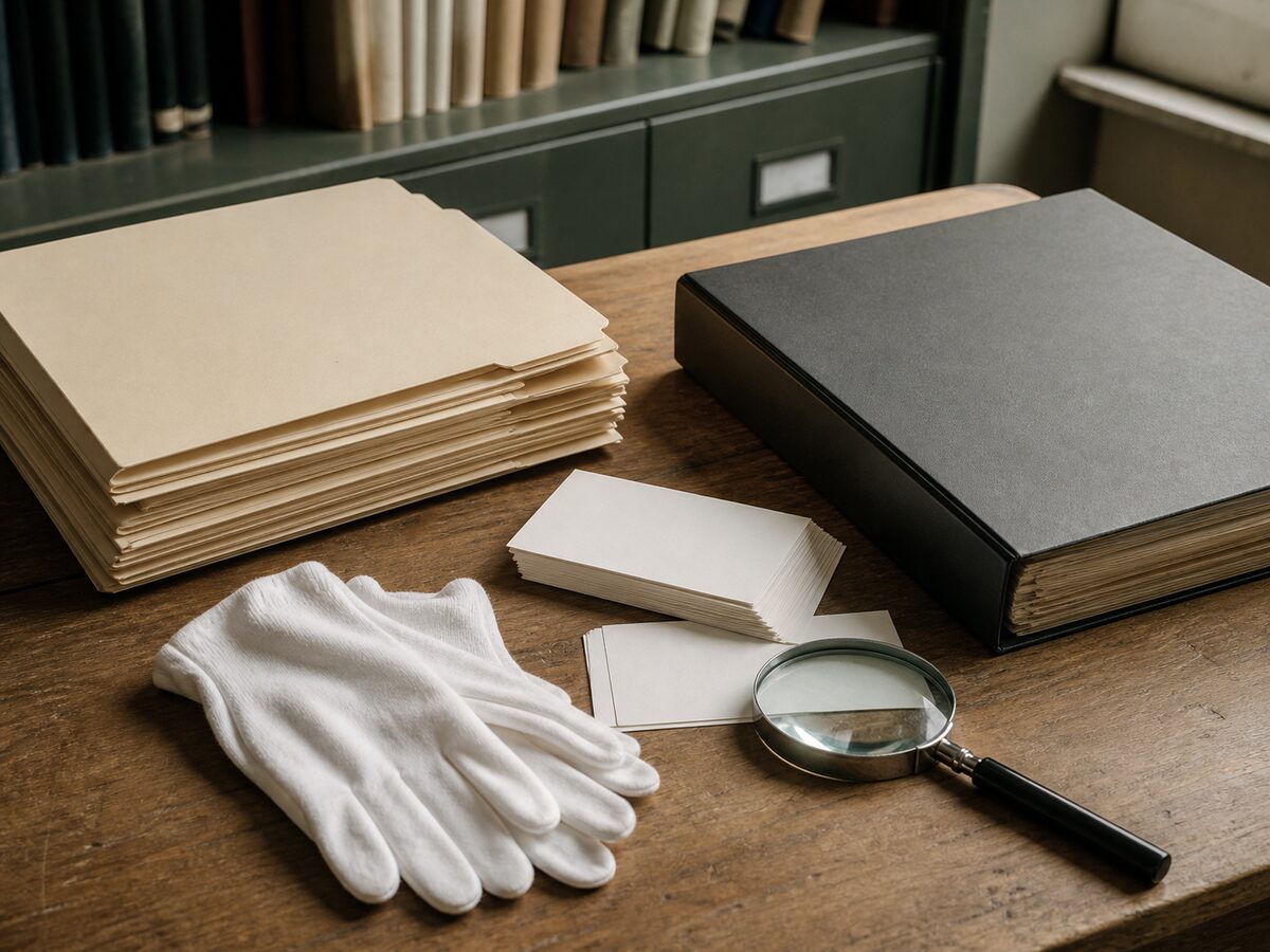 Dossiers vierges, gants et loupe sur une table d’archives